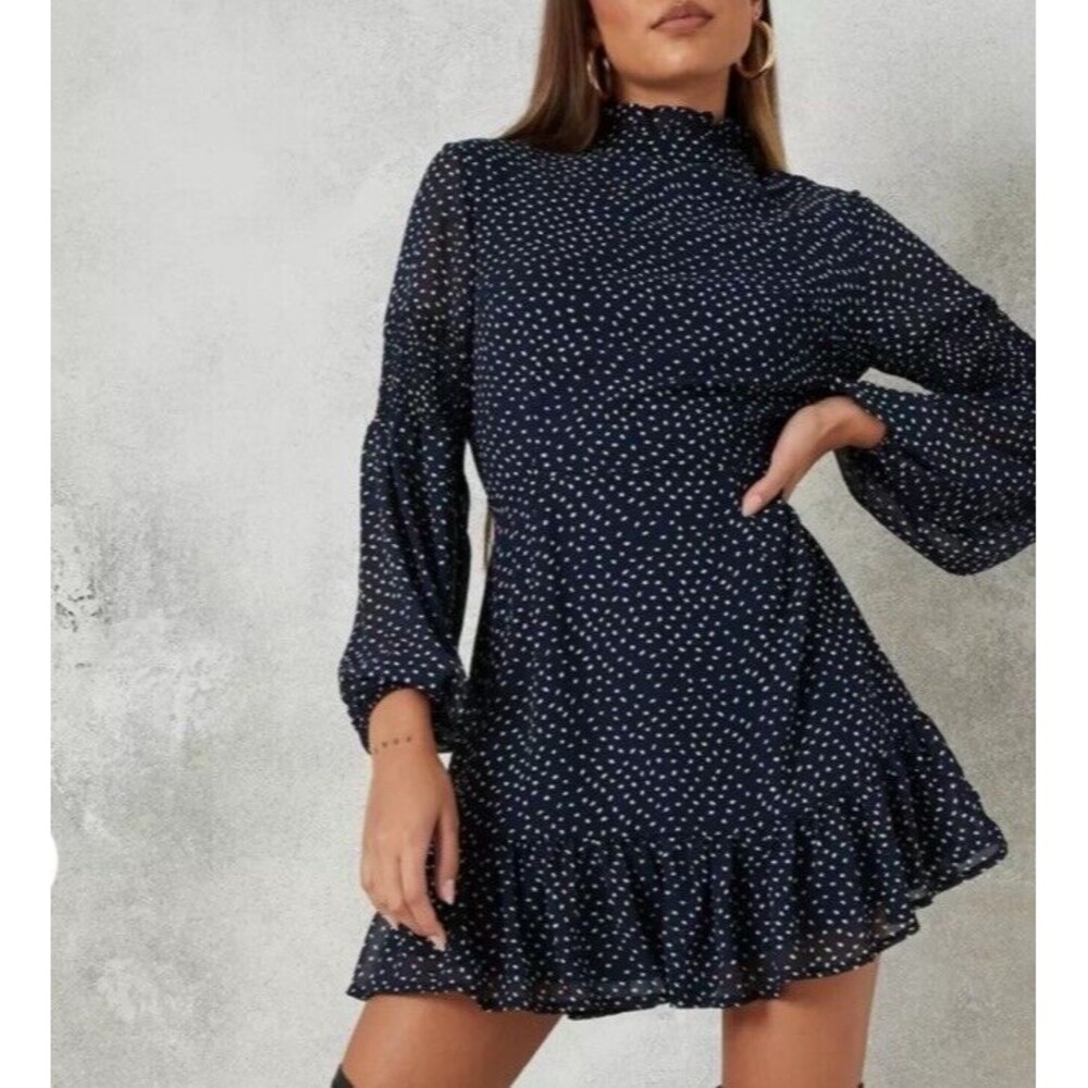 Missguided Navy Blue Polka Dot High Neck Mini Dress Women’s Size 4 NWT’s